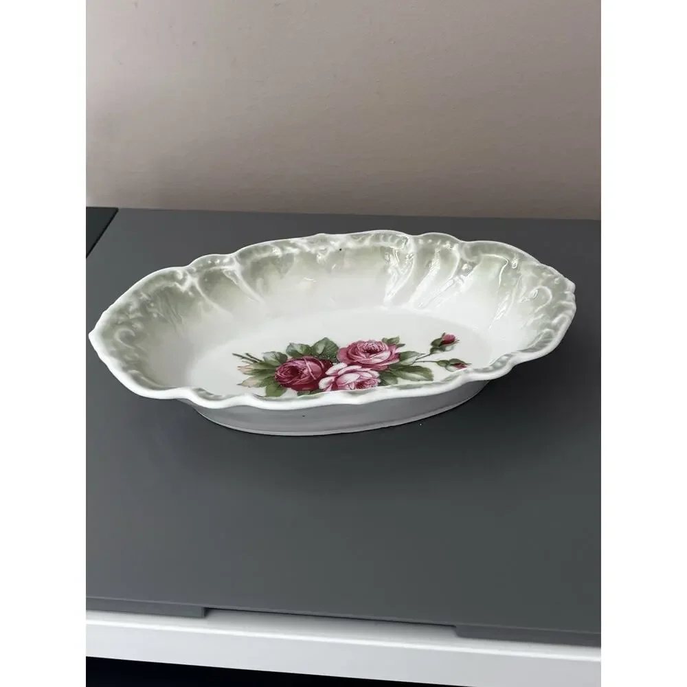 Vintage Rose Trinket Dish Cottage Porcelain Germany Green Floral Romantic Ring